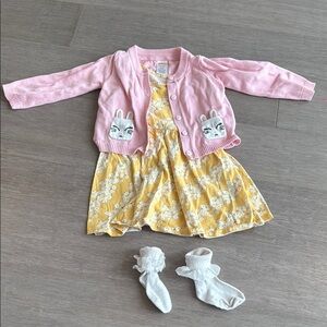 24M Pink Bunny Cardigan and Yellow Floral Dress Set